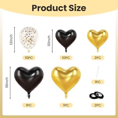 Image of Black & Gold Heart Balloons Party Decorations, Heart Shaped Foil and Latex Balloon Decorations for Men Women Happy Birthday Party, Retirement, Graduation, Anniversary, Baby Shower, Wedding, Engagement