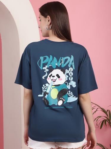 Image of Preneum Women's Cotton Graphic Printed Baggy Fit Drop-Shoulder Sleeves Cotton Oversized T-Shirt || Round Neck || Half Sleeve