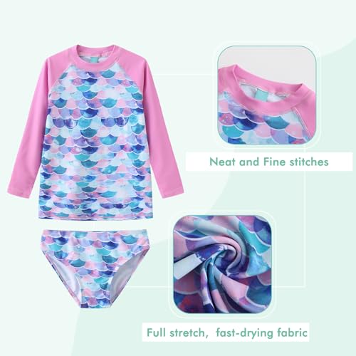 Image of Girls Two Piece Rash Guard Swimsuits Set Long Sleeve Bathing Suit with UPF 50+ Sun Protection Kids Sunsuits Swimwear Set