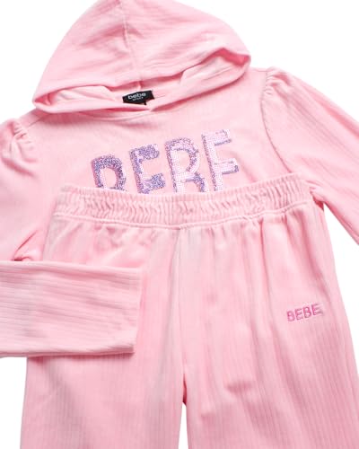 bebe Girls' Sweatsuit - 2 Piece Ribbed Velour Hoodie Sweatshirt and Open Bottom Sweatpants - Smock Waist Tracksuit Set (7-12)3
