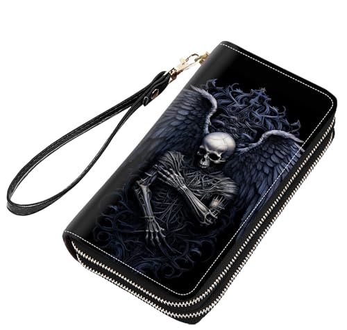 Skull with Wings Print Women Large Capacity PU Leather Double Zipper Wallet, Multifunctional Clutch Purse for Cash/Card/Coin/Smart Phone