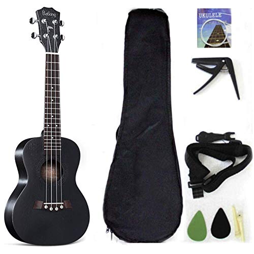 Musoo Brand Tenor Ukulele Hecho de tapa de caoba s�lida, viene con cuerdas de nylon de repuesto, correa, bolsa de transporte, color negro, 26 pulgadas