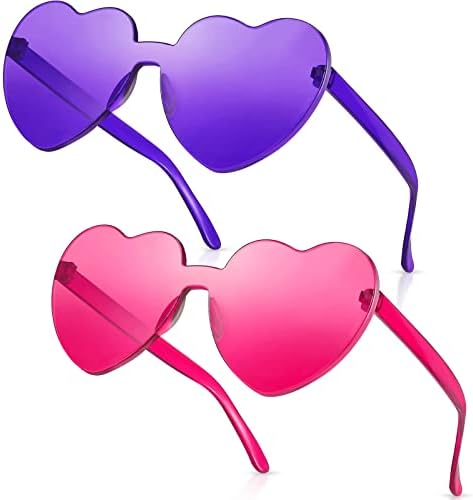 RTBOFY 2 Pack Purple and Rose Heart Sunglasses, Heart Shaped Sunglasses with Transparent Candy Color for Party Favor