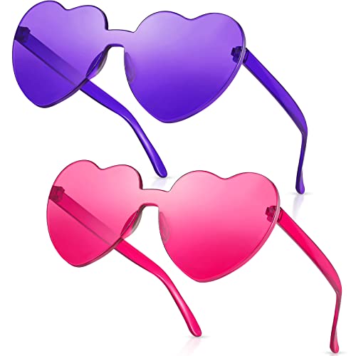 Rtbofy 2 Pack Purple And Rose Heart Sunglasses, Heart Shaped Sunglasses With Transparent Candy Color For Party Favor #TOP2