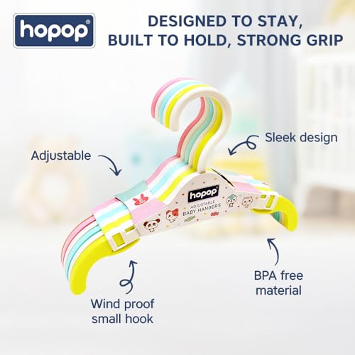 Image of Hopop Kids Hangers|Telescopic Adjustable Anti Slip Plastic Hanger for Baby & Kids Clothes |Extendable Hanger for Wardrobe|Baby Hangers for Kids Clothes Set| Multicolour (Pack of 12)