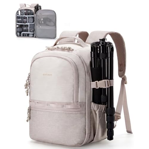 BAGSMART Camera Backpack, DSLR SLR Small Camera Bags for Photographers Compatible for Sony Canon Nikon, Shoulder Strap 2-in-1 Travel Backpack Fits 12.9" iPad, Beige