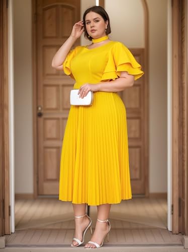 ONTINVA Women Plus Size High Neck Pleated Hem Party Dress Flared Sleeves Elegant A Line Midi Dresses3