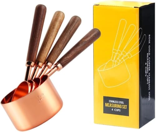 Barino 粉ミルクスプーン ウォールナットハンドルローズゴールド無垢材計量カップグラム、木製セット銅メッキコーヒー、ステンレススチール、スケール付きキッチンベーキングツール、、スタイリッシュ (計量カップ4点セット)