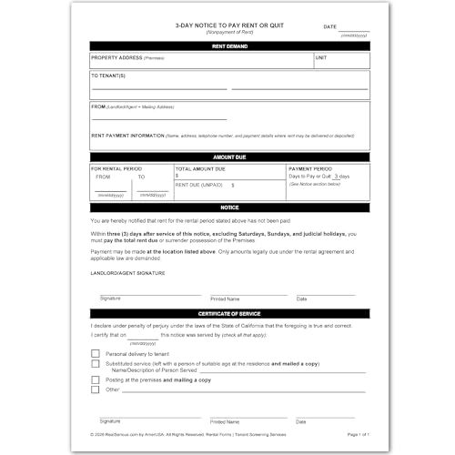 California 3-Day Notice to Pay Rent or Quit | Landlord Demand Letter for Past Due or Late Rental Payments | Eviction Form with Instructions & Service Certificate