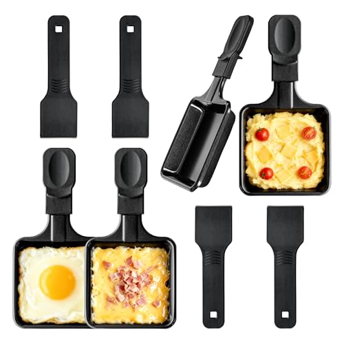 Lot de 4 Poêlon Raclette Carré Anti-adhésif，Mini Coupelle Raclette avec Poignées Anti-brûlures pour Fromage Fondu Oeuf Frit，4Pcs Spatules en Nylon Passés au Lave-vaisselle.