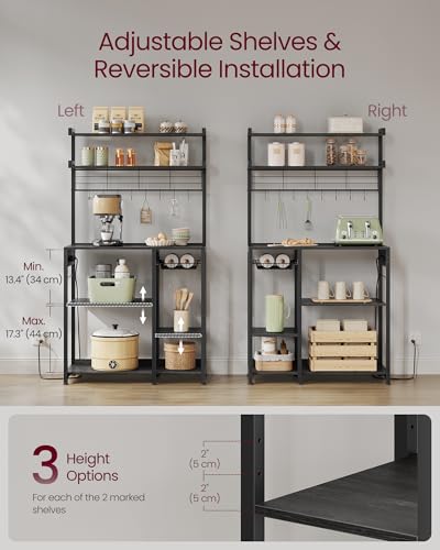 Image of VASAGLE Bakers Rack with Power Outlet, 35.4 Inches Microwave Stand, Coffee Bar, 4 AC Outlets, with Adjustable Shelves, 8 S-Hooks, Basket, Spice Racks, Charcoal Gray and Ink Black UKKS031B22