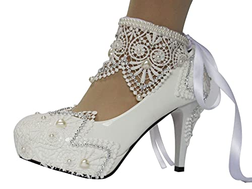 Women's Lace Bridal Round Toe High heel Shoes Ribbon Dress Party pumps with Rhinestone Shoes