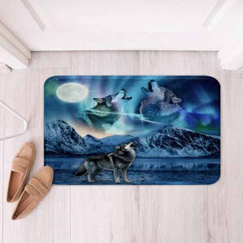 Feelyou Wolf Soft Fleece Door Carpet Wolves Howling Polyester Bath Rug for Boys Teens Decor Aurora Non Slip Bath Mat Moon Wolf Bedroom Mountain Bathroom Floor Indoor Doormat,20x32 Inch