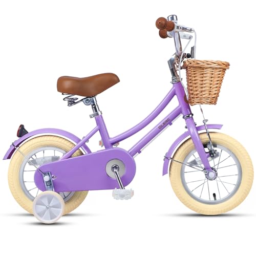 Miniatura 2 de Glerc 12 Pulgadas Bicicleta Infantil Estilo Retro Vintage Para Niñas De 2 3 4 Años Con Ruedas De Entrenamiento, Cesta Y Timbre, Violet