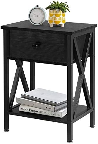VECELO Versatile Nightstands X-Design Side End Table Night Stand Storage Shelf with Bin Drawer for Living Room Bedroom,Black