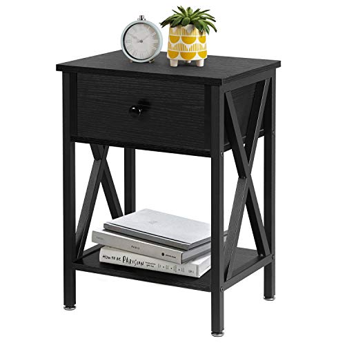Vecelo Versatile Nightstands X-Design Side End Table Night Stand Storage Shelf With Bin Drawer For Living Room Bedroom,Black #TOP17