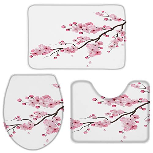 T&H XHome Rutschfestes Badematten-Set, 3-teilig, für Badezimmer, eine Gruppe von Kirschblüten, luxuriöser Memory-Schaum…