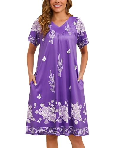 Marvmys Old Lady House Dress with Pockets Printed Muu Muu Dress V Neck Short Sleeve Lounge Dress Purple Floral XL