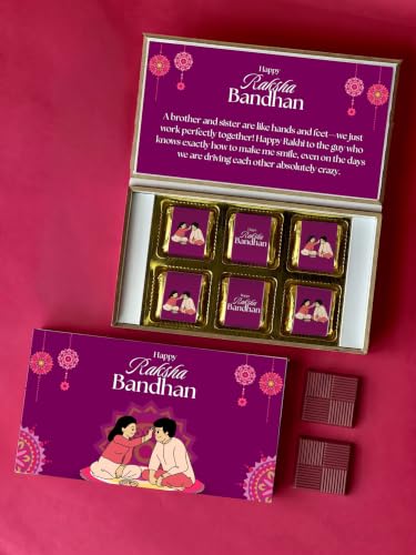 Image of ALMONDZO Pack of 6 | Raksha Bandhan Chocolate wooden Gift Box | Chocolates Gift Pack for Brother & Sister | Rakhi Gift Hamper with Designer Box | rakhi chocolate gift, rakhi celebration gift | Dark Milk Chocolates & Almond Flavor