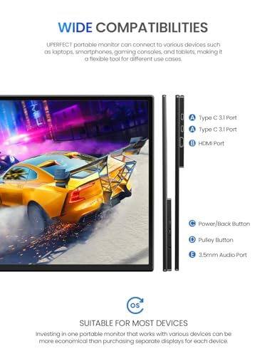 Image of UPERFECT 21.5 inch 120HZ Portable Monitor w /Stand & VESA, Large Portable Gaming Monitor with HDMI Type C, External Dispaly for Laptops, Steamdeck, MacBook, Phones, Mini PC