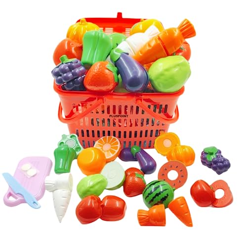 PLUSPOINT Fruit Cut Toy with Storage Basket Realistic Sliceable Cutting 6 Fruits&6 Vegetable Pretend play Kitchen toys For kids 1 Board/ 1 Knife /1Basket (Pack of 14pc Basket)-Plastic,Multi Color