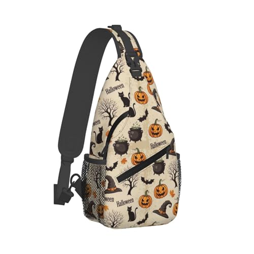 Casual Sling Backpack Chest Shoulder Crossbody Backpack, Compatible with Halloween Decorations Black Cat Bat Pumpkin Skull Party Pattern Satchel Travel Bag Hiking Daypack for Men/Women