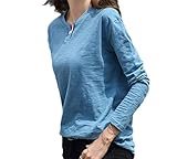Spodat Women 100% Heavy Cotton Long Sleeve Button-up Solid Color Baggy Tops Shirts Blue M