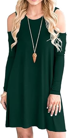 PCEAIIH Womens Short Sleeve Cold Shoulder Tunic Top Swing T-Shirt Loose Dress with Pockets Dark Green