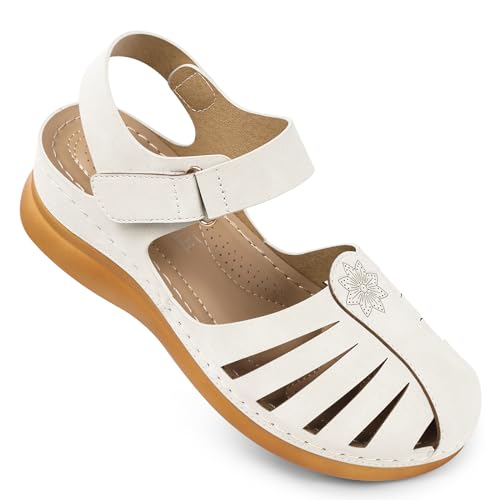Image of SHIBEVER Women Comfortable Flat Sandals: Closed Toe Dressy Summer Sandal | Fisherman Comfortable for 8+ Hours Walking - No Ankle Rubs for All-day Commutes Lightweight Casual Outdoor Shoes