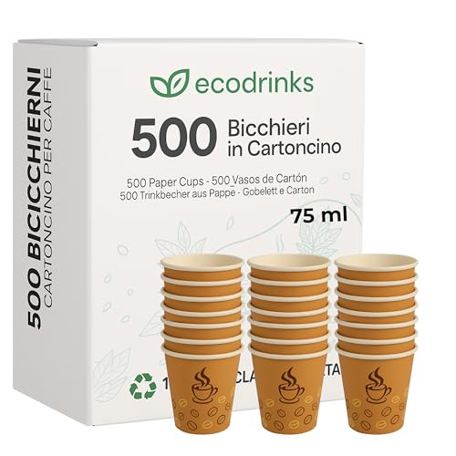 ecodrinks - 500 Bicchieri Caffe Carta Da 75ml - Set Bicchierini caffè Monouso per Bevande Calde/Fredde - Biodegradabili, Eco-friendly e Made in Italy, Marrone
