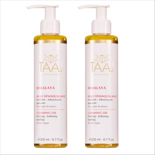 TAAJ | Aceite Desmaquillante Himalaya | Limpieza Profunda e Hidratante | Limpia y Elimina Impurezas | Piel Limpia, Suave y Calmante | Todo Tipo de Pieles | Vegano | Pack de 2 × 200 ml
