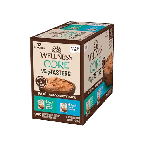 Wellness CORE Tiny Tasters Pate Variety Pack Adult Wet Cat Food, Natural, Protein Rich, Grain Free, Sea Recipies, 1.75 oz, Pack of 12 Pouches - image 1