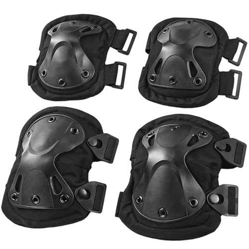 Toyosport 4 Pcs Tactical Knee and Elbow Pads Set Long-lasting Adjustable Protective Gear for Outdoor Sports Cycling Skateboarding Paintball Airsoft