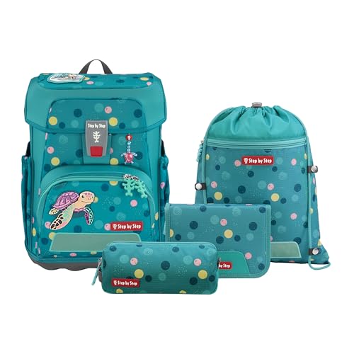 Step by Step Schulranzen-Set Cloud „Turtle Josie“ 5-teilig, türkis, Schildkröten-Design, ergonomischer Tornister mit Reflektoren, höhenverstellbar mit Hüftgurt für Mädchen ab der 1. Klasse, 19L