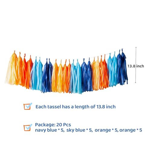 Image of Blue and Orange Tassel Garland,Tissue Tassel Banner for Party Decorations,Pack of 20