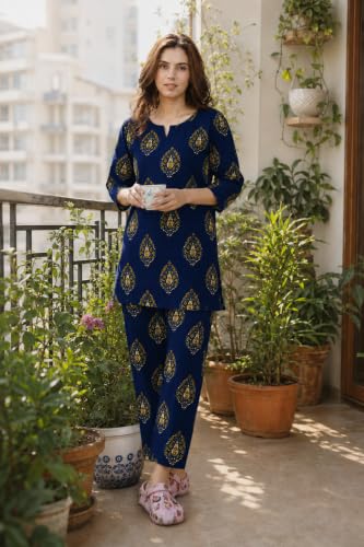 Image of Women's Cotton Night Suit Set, Printed Top and Pyjama, Casual Loungewear Sleepwear for Womens Girls