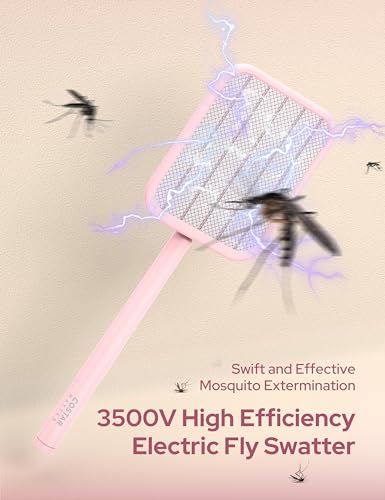 Image of CostarMatter 3500V Foldable Electric Mosquito Bat - UV Purple Light, Rechargeable Handheld Extendable Electric Fly Swatter Up to 78CM, 1200mAh Lithium-ion Battery Mosquito Killer Lamp for Home (Pink)