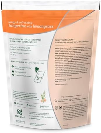 Grab Green Automatic Dishwashing Detergents Tangerine with Lemongrass Pre-Measured Pods 24 Loads