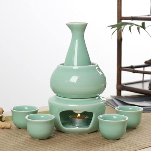 和酒器セット 和酒陶器徳利 冷酒器セット 熱酒器 温酒用燗器 焼酎/酒瓶/酒カップ/温暖化ボウル/暖房ベース 居酒屋 家庭用 (E)