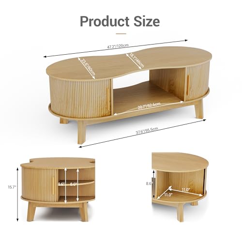 Homiflex Coffee Table, Dual Oval Coffee Table with with Storage Cabinet and Sliding Tambour Door, 2-Tier Open Storage Shelf, Mid Century Modern Coffee Tables for Living Room, Natural