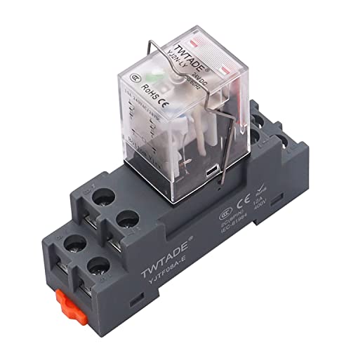 TWTADE/DC 24V Relay 10A Electromagnetic Power Coil Relay 8 Pins DPDT 2NO+2NC with Indicator Light and Socket Base -YJ2N-LY