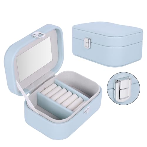 Image of BucketList PU Leather Jewellery Organizer Box with Mirror | Travel-Friendly Jewelry Storage Case with Ring Slots & Secure Lock (Travel Jewellery Box with Mirror (Blue))