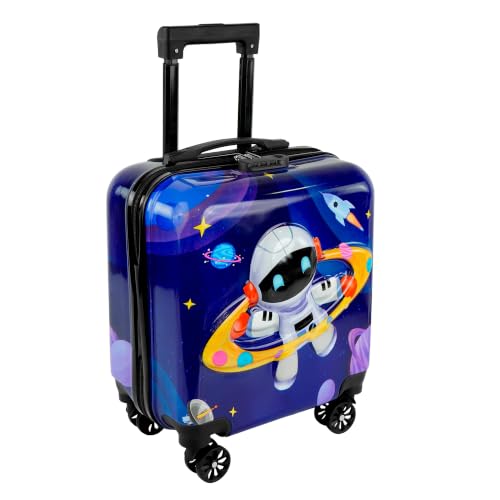 Image of Storite 18In Kids Luggage Trolley Hard Shell Cabin Suitcase | Cartoon Space Astronaut Design Suitcase Ideal For Trips Vacations Holidays And Weekend Travel (Navy Blue-35 x 23 x 38 Cm)