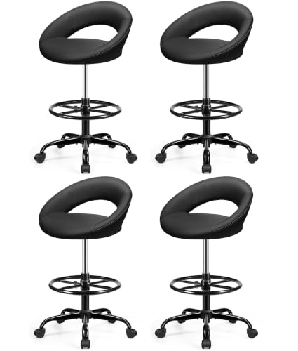 Image of Ergonomic Drafting Chair for Standing Desk, Swivel Rolling Stool | Height Adjustable Tall Shop Stool with Foot Rest, Back Support & PU Leather, Home Office Kitchen Counter Salon, Black 4 Pack