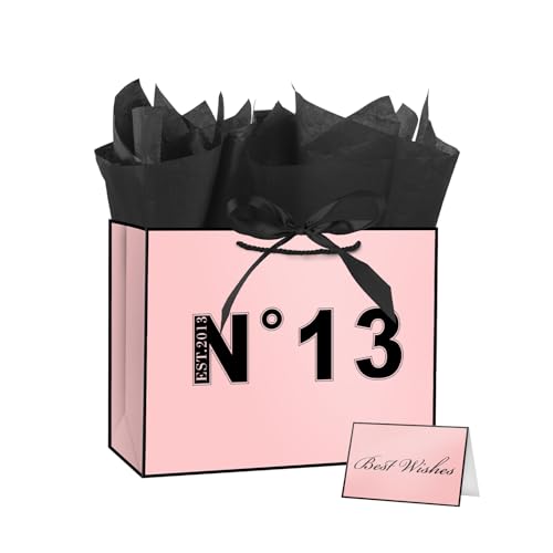 ysmile 13th Birthday Gift Bag with Tissue Paper for Women Girl Pink Black Bag with Handle 12.6" Est. 2013