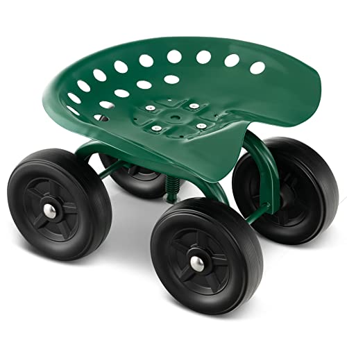 Goplus Garden Cart with Wheels, Utility Stool Cart w/Adjustable 360 Degree Swivel Seat, Outdoor Lawn Yard Rolling Work Seat, Garden Scooter for Planting (Green)