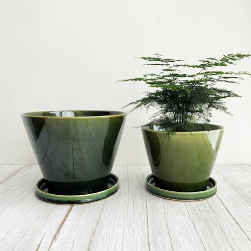 Wavy Studio Glazed Gradient Color Ceramic Planter with Drainage Hole & Saucer for Indoor Tropical Plants, Green Reactive Glaze Plant Pot (Emerald Green, 6")
