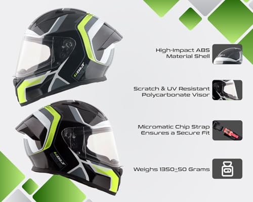 Image of Vega Bolt Tron Full Face Motorcycle Helmet with ISI Certification, Dual Visor, Aerodynamic ABS Shell, Shock Absorbing Liner, Lightweight Build, and Trendy Black Neon Yellow Finish Black Neon Yellow-M