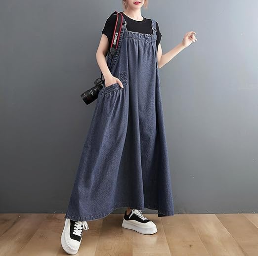 Image of Boho Jumper Dress for Women Loose Version Baggy Style Maxi Length Adjustable Straps Wide Hemline Overall Dresses