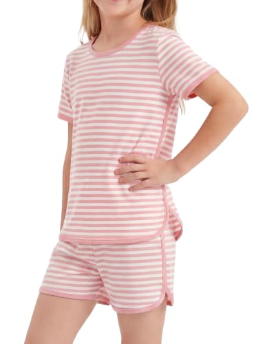 Yoofoss Girls Pajamas Organic Cotton Loose Fit Kids Pjs 2 Piece Sleepwear Short Sleeves & Short Pants Girls Clothes, Size 8